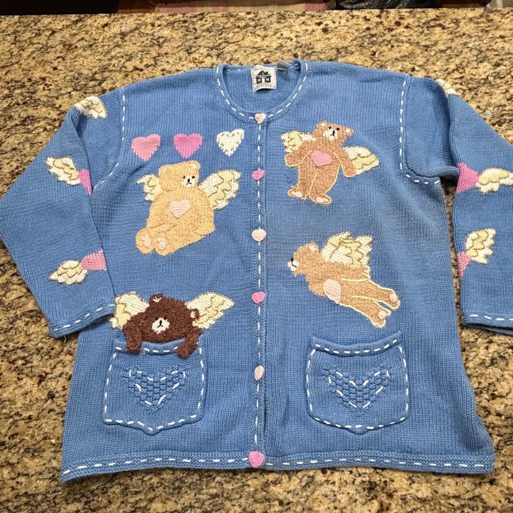 Storybook Knits Angel Bear Heart Cardigan Sweater Blue Vintage Plus Size 2X v
